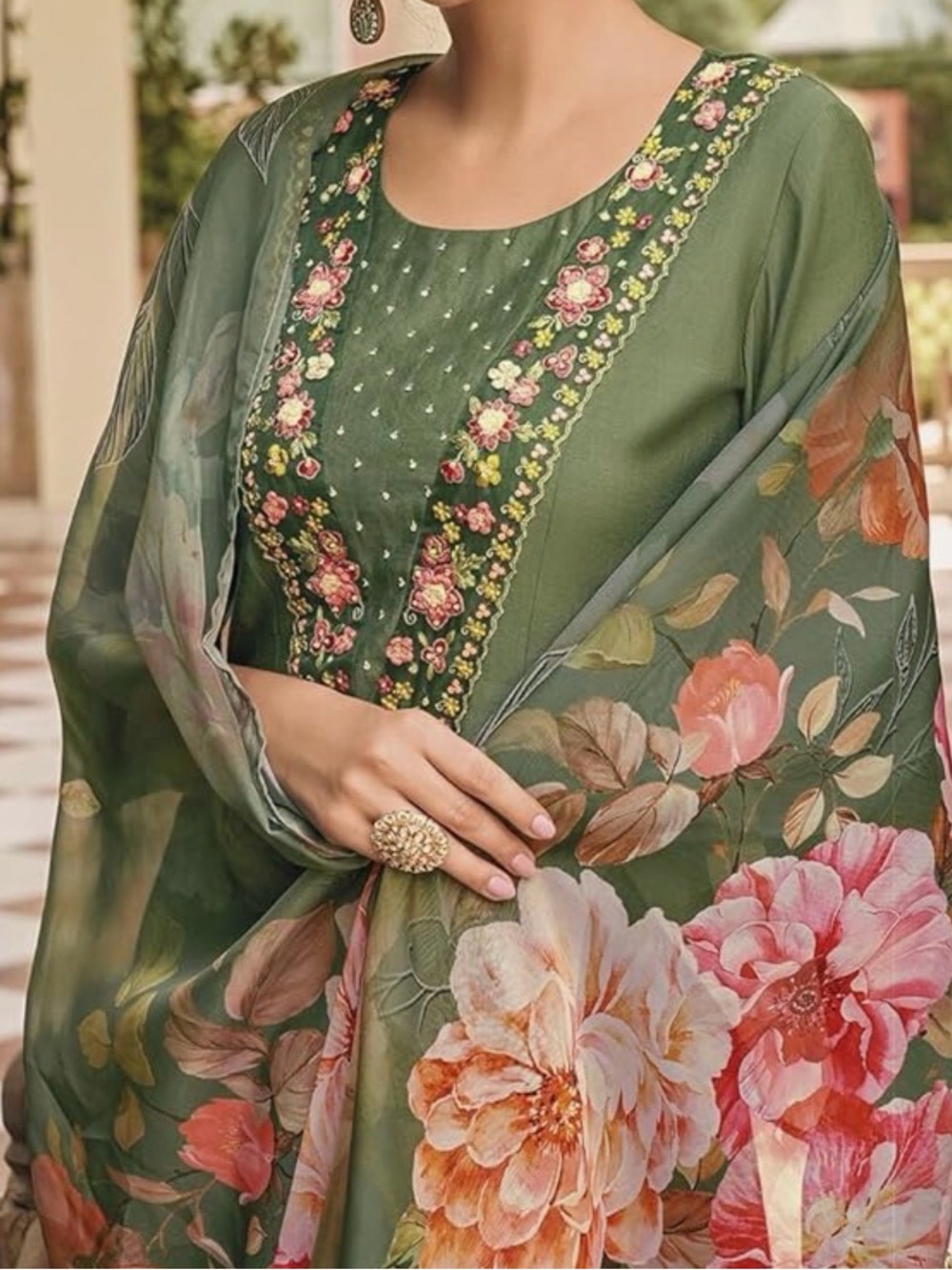 Sage Green Floral Embroidered 3-piece kurta with Sheer Floral Dupatta